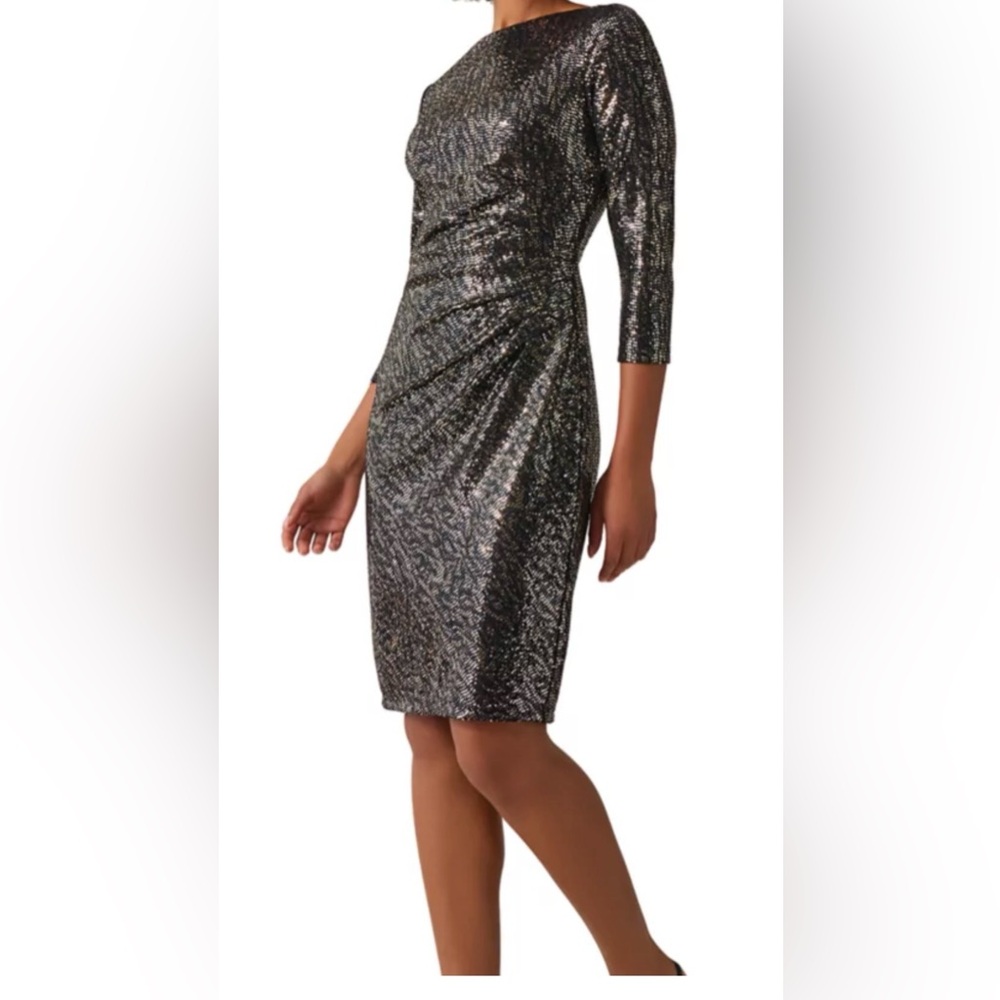 Kasper Silver Sequin Long Sleeve Dress